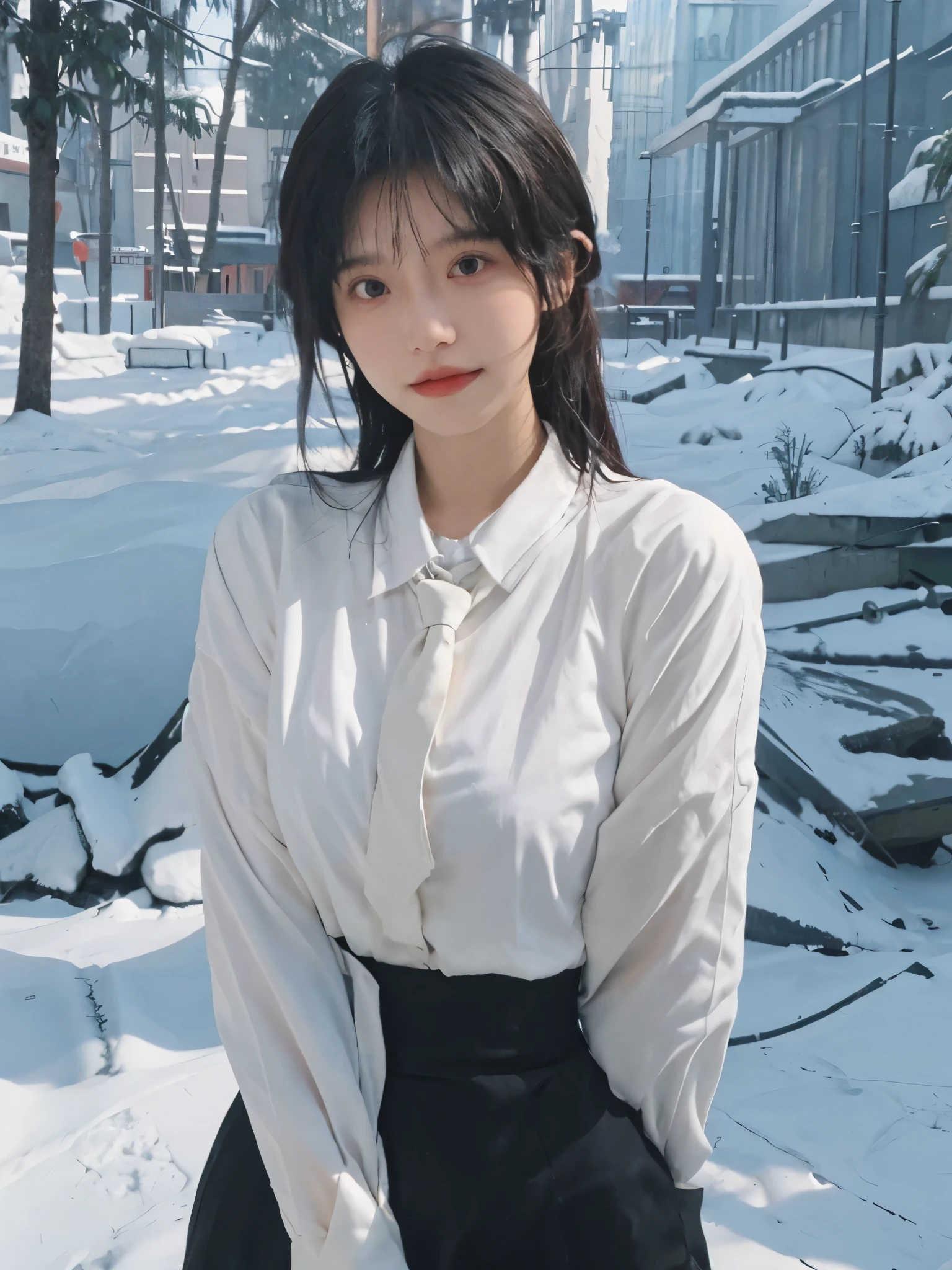 Best quality,masterpiece,Double tail,Ultra-high resolution,snow,16K,Snow background,(Photo Realism:1.4),1 Girl,JK,sexly,(shirt and tie:1.2),(Big breasts:2.3),(Upper body:1.4)