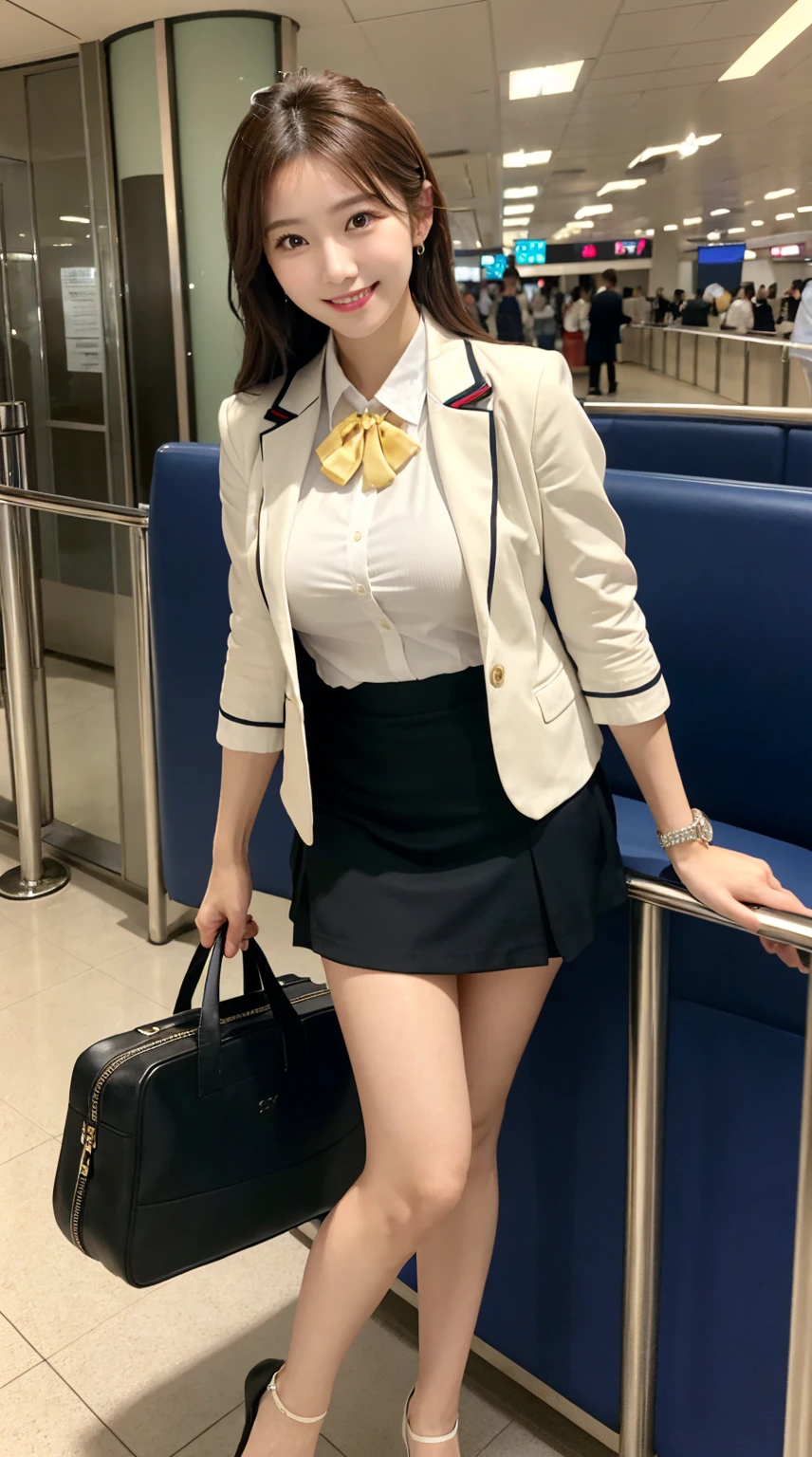 ​highest quality、8k、best image quality、Award-winning work), two beautiful women、radiant beautiful skin , masterpiece、top-quality、The ultra -The high-definition、depth of fields、lens flare, ( 2 girls:1.6)、、brown hair, watching at viewers glares, large breasts , stewardess uniform, (ivory stewardess blazer:1.3),  shirt, short ivory skirt, (white ysl high heels), perfect legs, model pose, view from below, smiling , airport arrival
