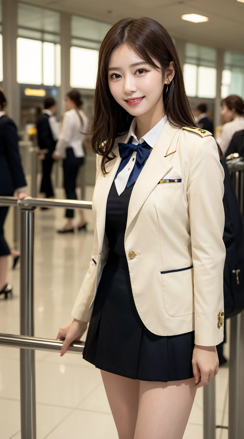 ​highest quality、table top、8k、best image quality、Award-winning work), two beautiful women、radiant beautiful skin , masterpiece、top-quality、The ultra -The high-definition、depth of fields、lens flare 1 girl、、brown hair, watching at viewers glares, large breasts , ivory stewardess uniform, ( ivory stewardess blazer:1.3),  shirt, ivory short  skirt, (white high heels), perfect legs, model pose, view from below, smiling , airport arrival 
