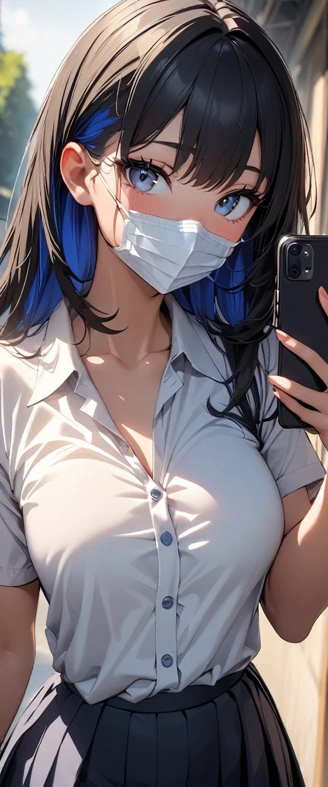 (hews art style:0.8), score_9, score_8_up, score_7_up, score_6_up, uncensored, yukinoshita yukino, black hair, long hair, grey eyes, BREAK (masterpiece:1.2), best quality, high resolution, (detailed eyes:1.3), perfect lighting, (perfect hands, perfect anatomy), small breasts, 1girl, phone, weapon, solo, sword, cellphone, breasts, holding_phone, holding, katana, smartphone, sheath, japanese_clothes, cleavage, selfie, holding_weapon, holding_sword, grey_background