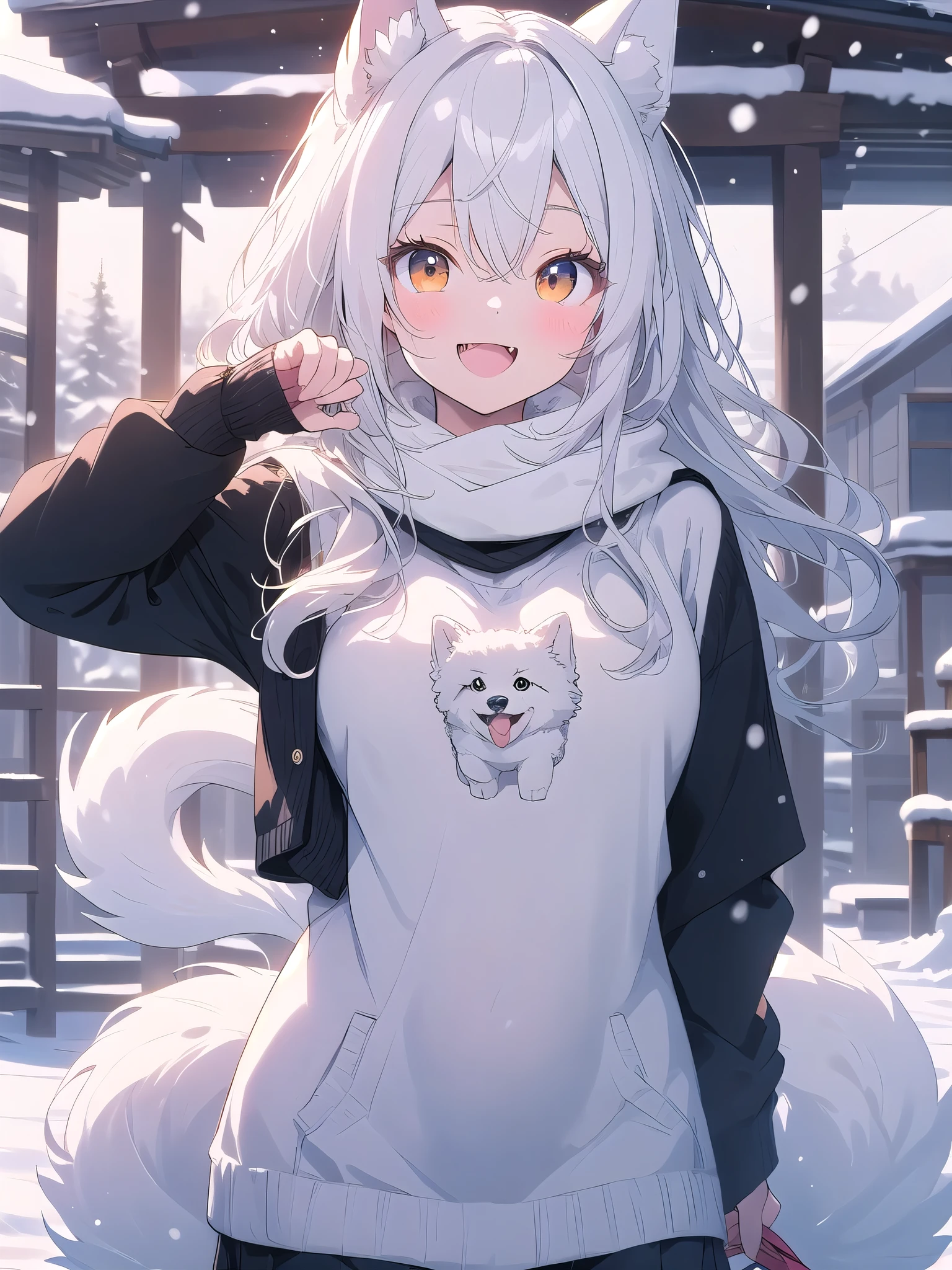 white hair, dog ears, sparkle, film grain, UHd, masterpiece, super detail, high details, high quality, highres, best quality, 4K,claw pose,upper body,fang,:d,aran sweater,Samoyedの女の子、Samoyed,Fluffy clothes、cute、Background of the snow country,((dog tail)),Fluffy scarf,Snow is falling,Light production