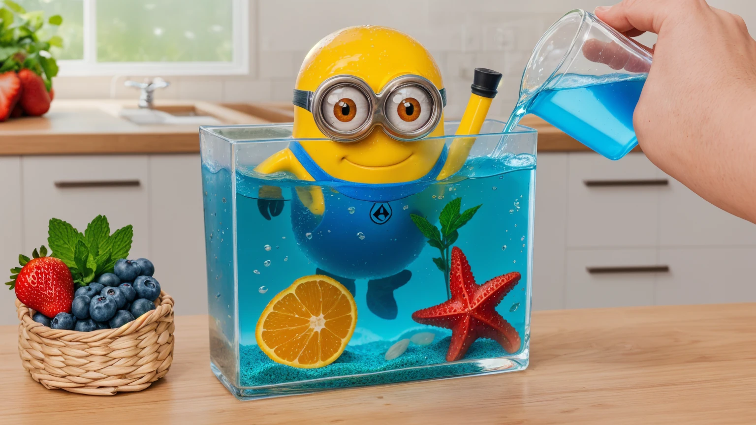 on a wooden table, there is a glass aquarium with blue water, a minion sitting in an aquarium, plastic red starfish in the aquarium, orange plastic shell and plastic green algae . water is poured from a measuring cup into an aquarium, on the table next to it there is a basket with strawberries, blueberries and mint. against the background of the kitchen .beautiful lighting, Beautiful sunlight, realistic style , realistic texture, detailed texture, a high resolution, high quality, ultra hd 4k 