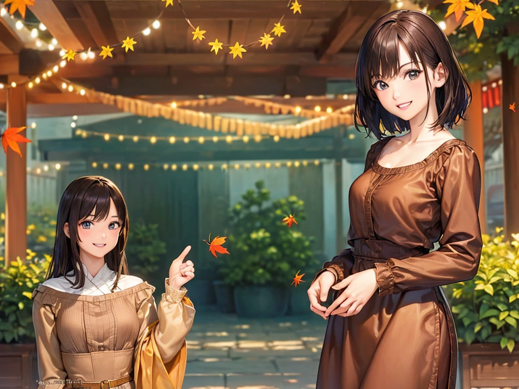 (masterpiece、Highest quality:1.2),Frame In、 Cowboy Shot, One Girl, View your viewers, (Highest quality, 8k, Oil, Tabletop:1.2), Very detailed, (Realistic, Realistic:1.37), Wearing a brown dress、Long sleeve clothes、Bob Hair、Black Hair、Fun expression、smile、Teeth are visible、Autumn leaves、garden、stroll