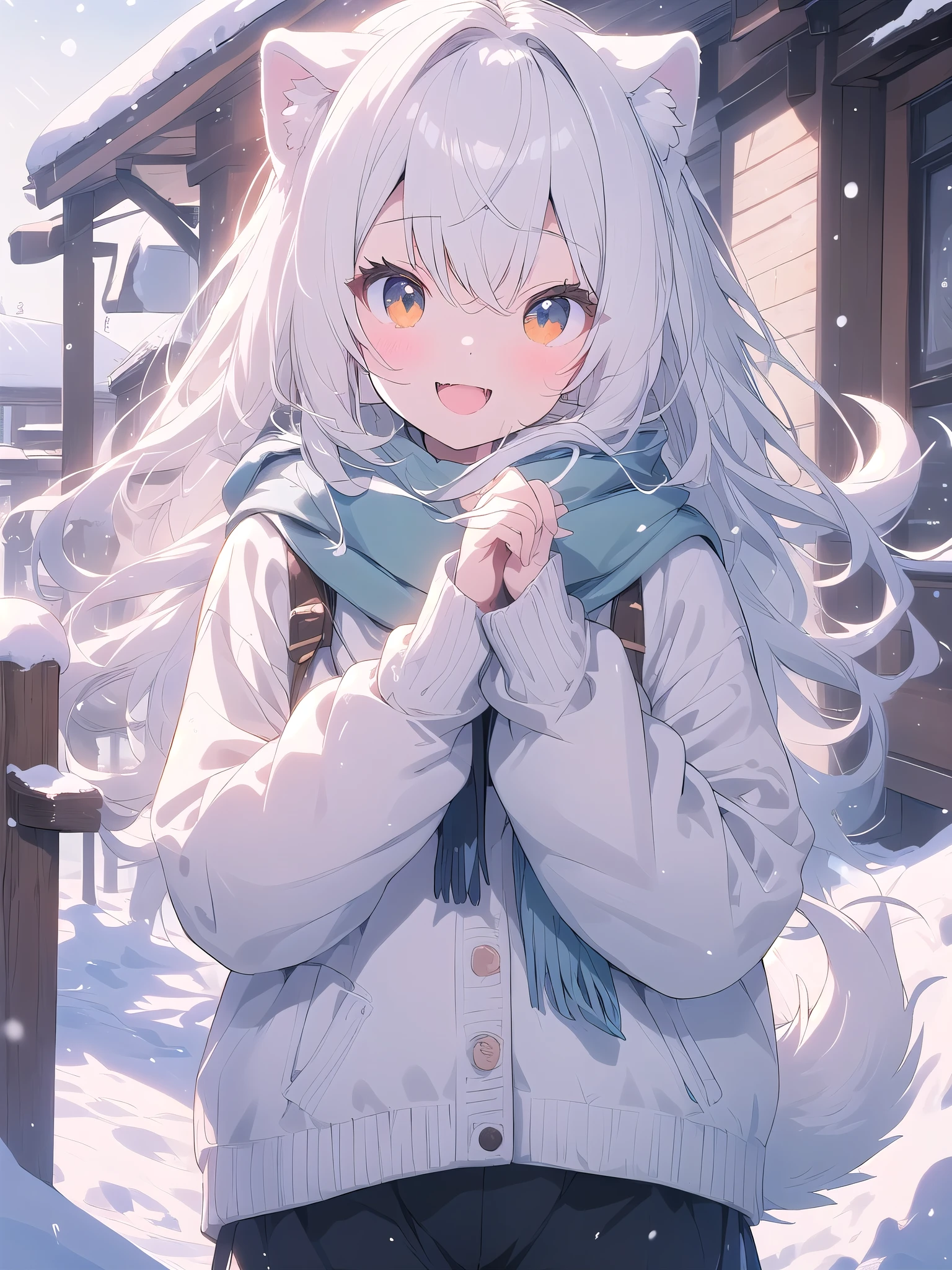 white hair, dog ears, sparkle, film grain, UHd, masterpiece, super detail, high details, high quality, highres, best quality, 4K,claw pose,upper body,fang,:d,aran sweater,Samoyedの女の子、Samoyed,Fluffy clothes、cute、Background of the snow country,((dog tail)),Fluffy scarf,Snow is falling,Light production