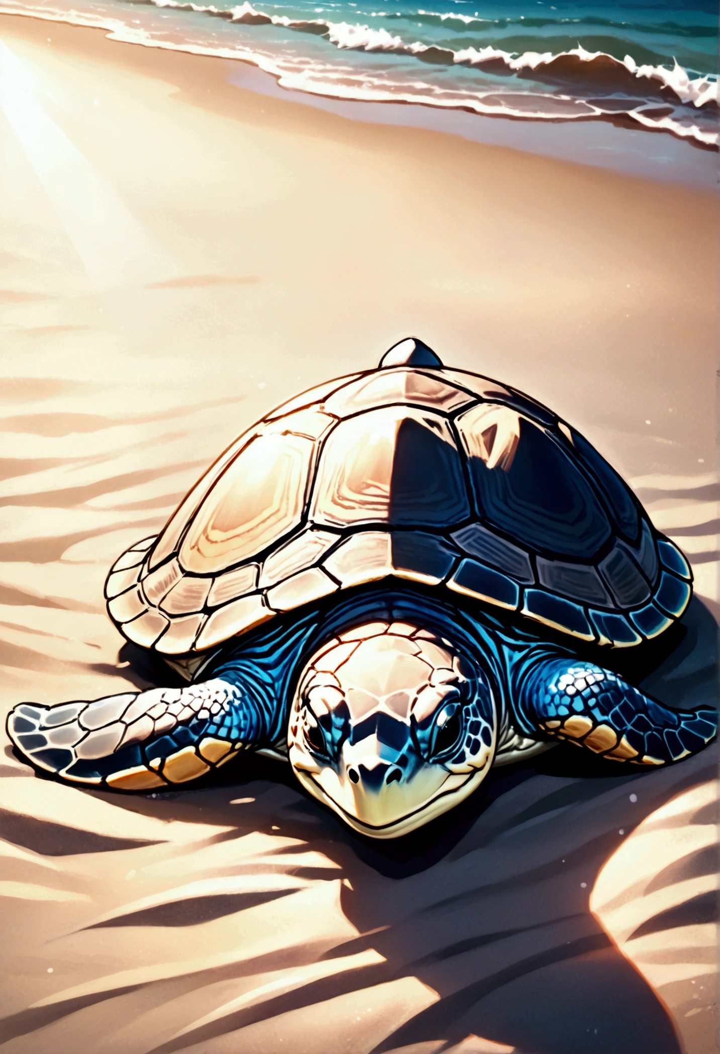 happy turtle sunbathing on the sandy beach