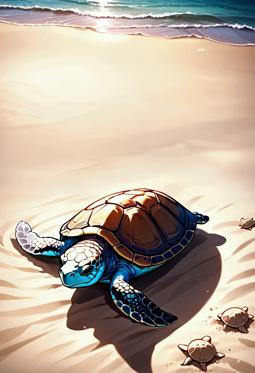 happy turtle sunbathing on the sandy beach