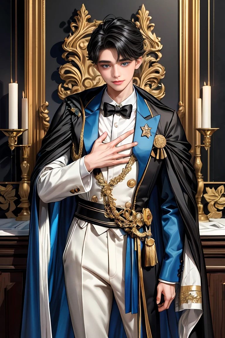 masterpiece、最high quality、high quality、1 boy、One person、Male Focus、Gazing at the audience、Messy black hair、Adorable big blue eyes、White、noble、noble、Sexy voluminous black and red cape、tuxedo、Very voluminous and big, puffed up、Very large、Very large、long、long赤と黒のマント、High stand-up collar、Reach the floor、Made from a variety of fabrics。、、cute美しい男の子、cute、cute、A handsome man with a gentle smile