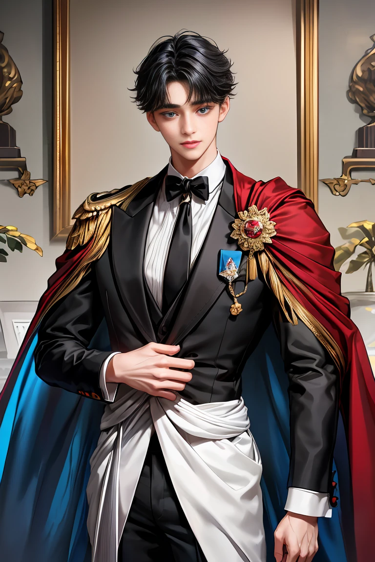 
masterpiece、最high quality、high quality、1 boy、One person、Male Focus、Gazing at the audience、Messy black hair、Adorable big blue eyes、White、noble、noble、Sexy voluminous black and red cape、tuxedo、Very voluminous and big, puffed up、Very large、Very large、long、long赤と黒のマント、High stand-up collar、Reach the floor、Made from a variety of fabrics。、17 years old、cute美しい男の子、cute、cute、A handsome man with a gentle smile