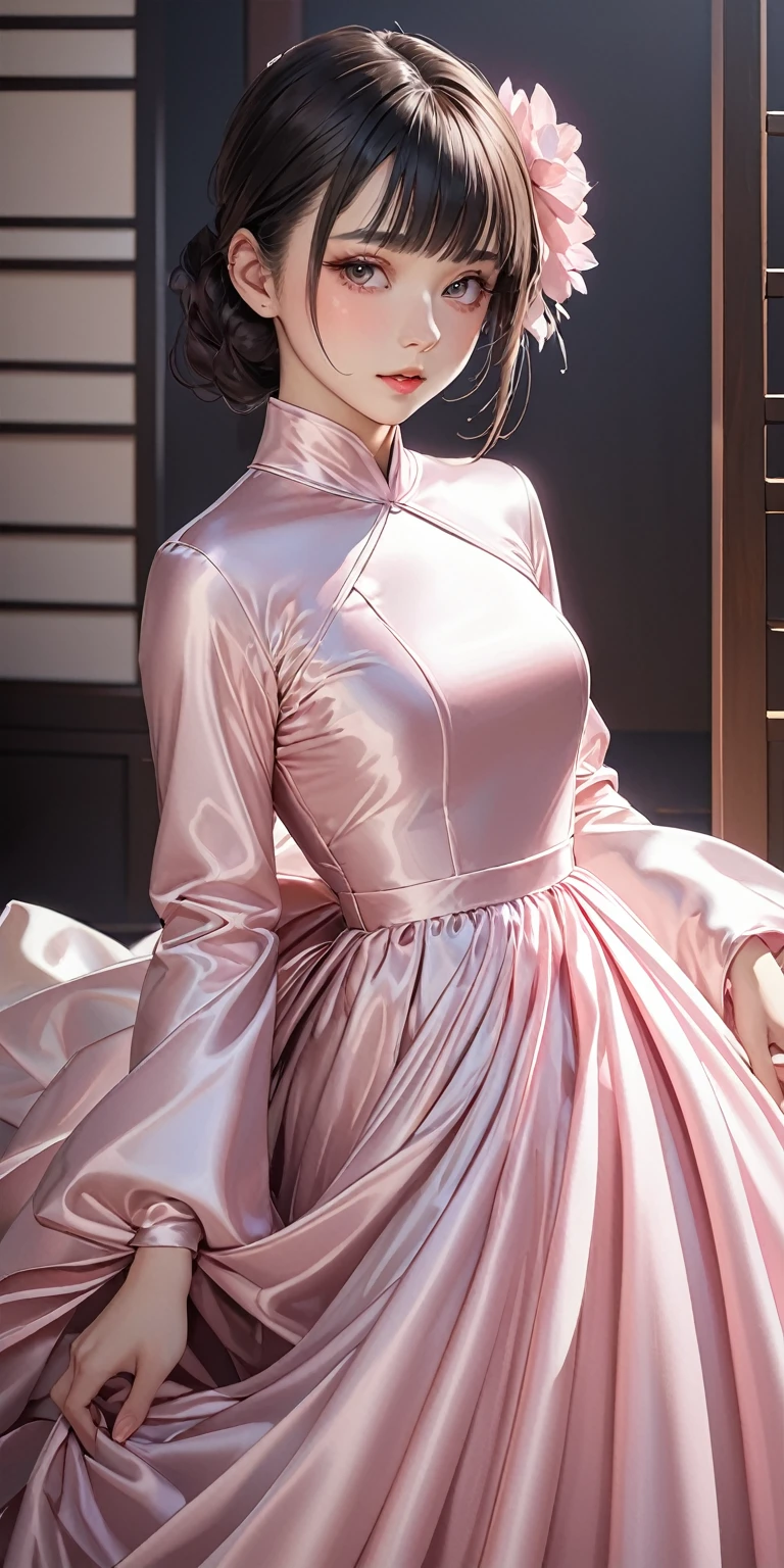 Portraiture、(masterpiece,Highest quality,Ultra-high resolution),Japanese women, (((Very beautiful 25 year old girl))),She is wearing a long-sleeved dress made of shiny pale pink satin.、The dress has a simple design without any patterns.