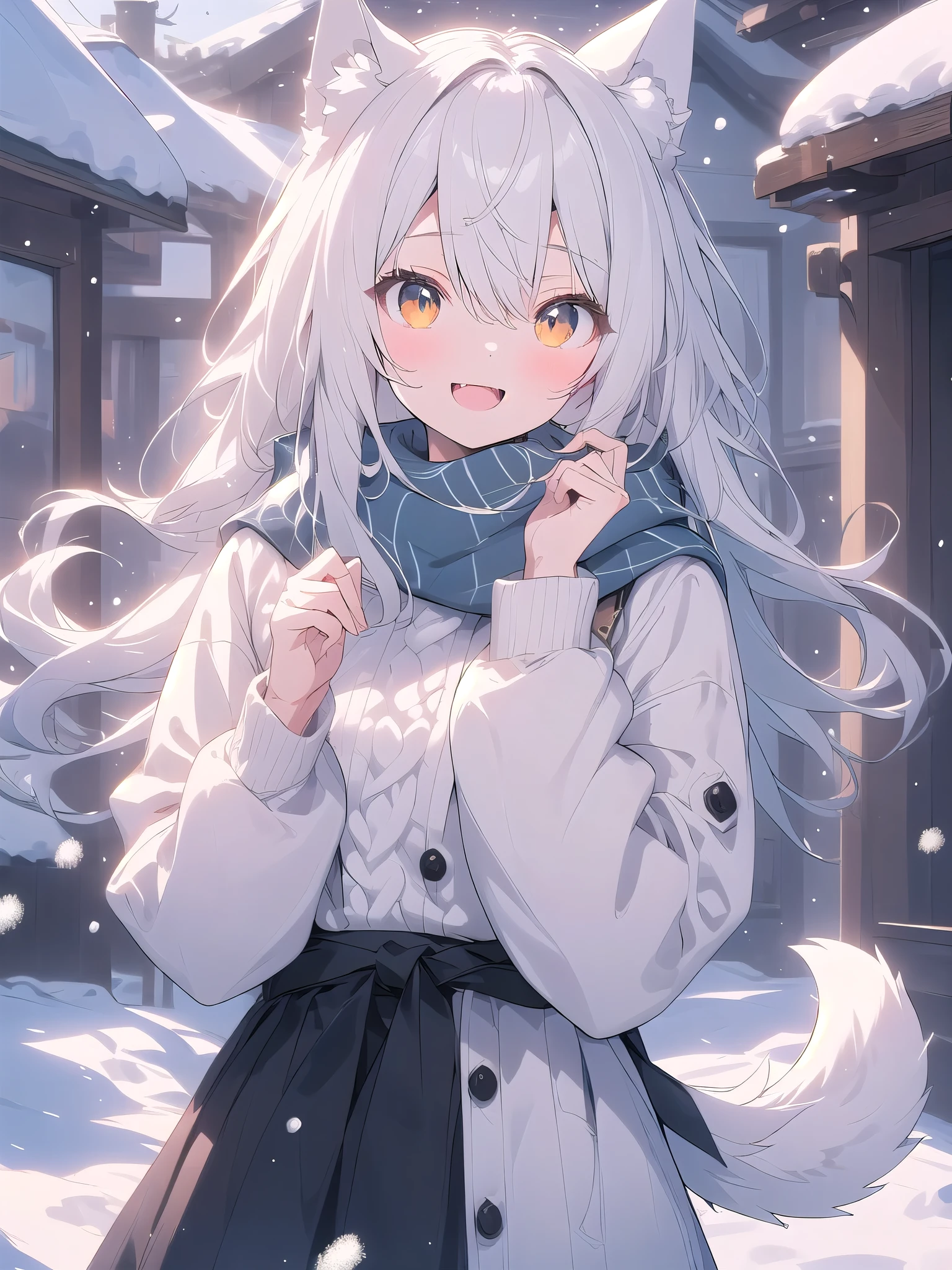 white hair, dog ears, sparkle, film grain, UHd, masterpiece, super detail, high details, high quality, highres, best quality, 4K,claw pose,upper body,fang,:d,aran sweater,Samoyedの女の子、Samoyed,Fluffy clothes、cute、Background of the snow country,((dog tail)),Fluffy scarf,Snow is falling,Light production