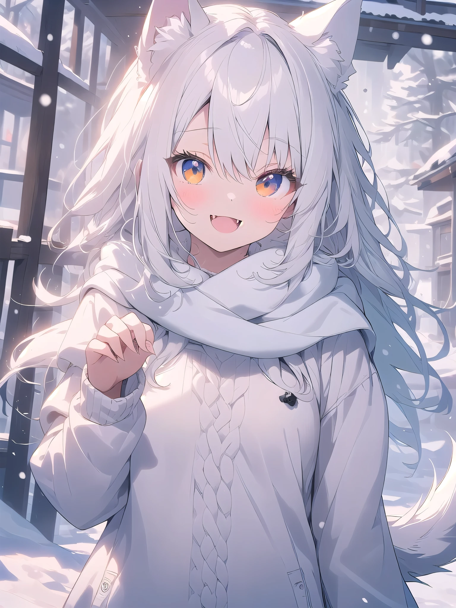 white hair, dog ears, sparkle, film grain, UHd, masterpiece, super detail, high details, high quality, highres, best quality, 4K,claw pose,upper body,fang,:d,aran sweater,Samoyedの女の子、Samoyed,Fluffy clothes、cute、Background of the snow country,((dog tail)),Fluffy scarf,Snow is falling,Light production