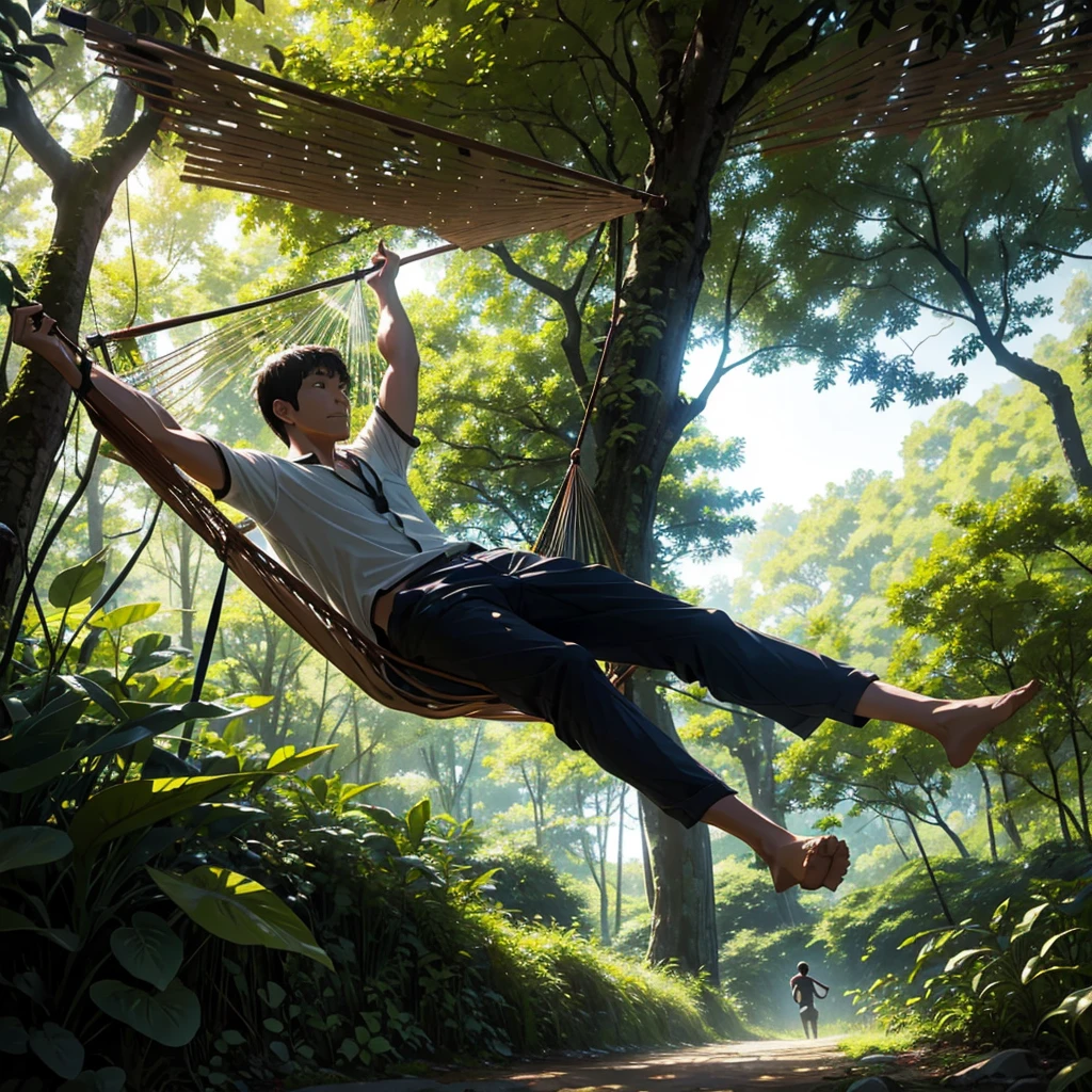 In the lush forest、A man swinging in a hammock。A scene with sunlight filtering through the trees
