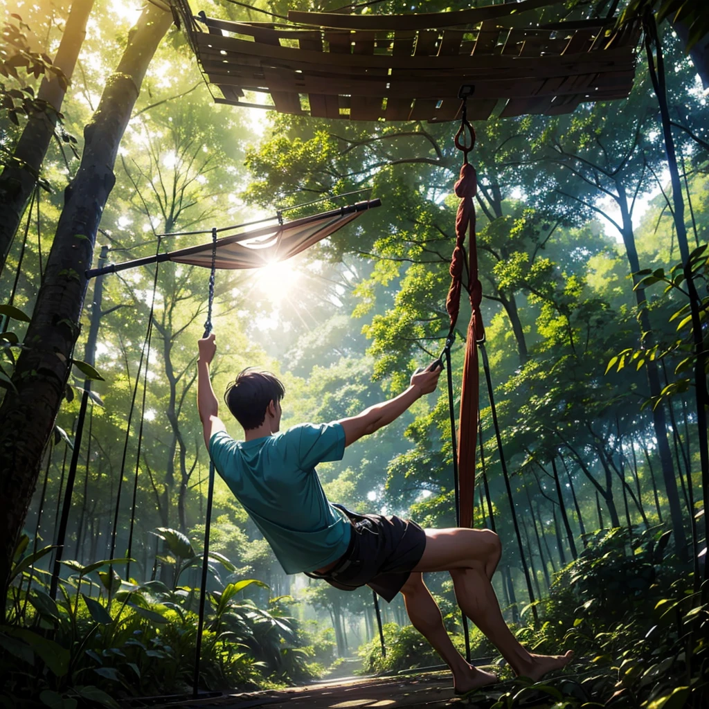 In the lush forest、A man swinging in a hammock。A scene with sunlight filtering through the trees