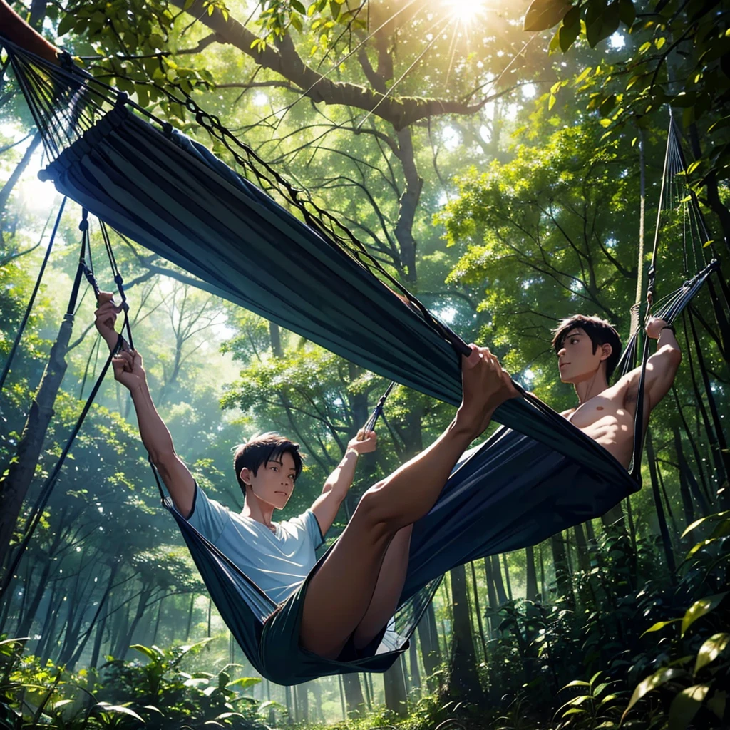 In the lush forest、A man swinging in a hammock。A scene with sunlight filtering through the trees