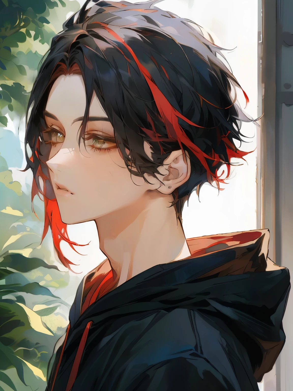 anime boy with red hair and black jacket looking out a window, handsome guy in demon slayer art, young anime man, in an anime style, demon slayer rui fanart, male anime style, anime boy, anime style portrait, in anime style, high quality anime artstyle, anime style character, anime artstyle, demon slayer artstyle, anime moe artstyle, anime-style male character with medium-length black hair featuring vibrant red highlights at the tips and framing the face. The character should have warm amber eyes and be wearing a black hoodie with a red interior lining. The background should be softly blurred to suggest an outdoor setting with some greenery, creating a serene and natural atmosphere. The overall color palette and lighting should convey a calm yet dynamic feel." standing against a detailed background, (best quality,4k,8k,highres,masterpiece:1.2),ultra-detailed,(realistic,photorealistic,photo-realistic:1.37),HDR,UHD,studio lighting,ultra-fine painting,sharp focus,physically-based rendering,extreme detail description,professional,vivid colors,bokeh,portrait,fantasy