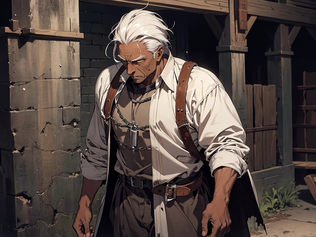 old man, dark skin, gray hair, slavery, strong, this man is a slave, in a prison, dungeon, dark, medieval times, frustrated, torn clothes