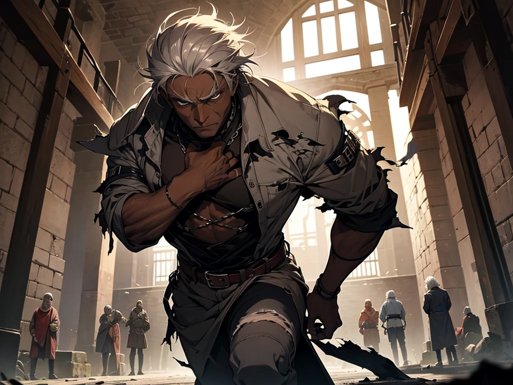 old man, dark skin, gray hair, slavery, strong, this man is a slave, in a prison, dungeon, dark, medieval times, frustrated, torn clothes
