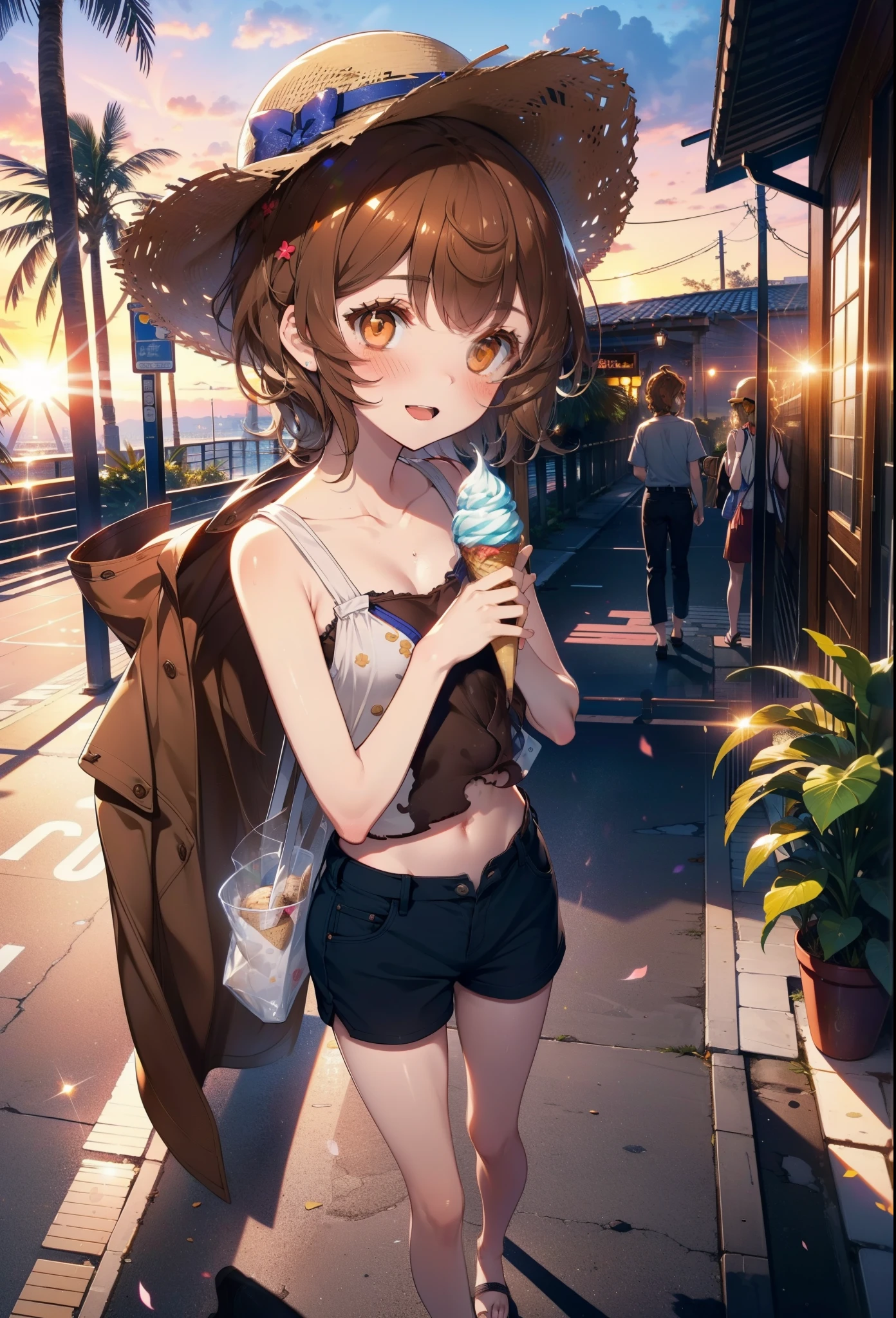 Lililukarde, Liliruka gets burned, , (Brown eyes:1.7), Brown Hair, (Flat Chest:1.2), smile,blush,Open your mouth,Straw hat,short hair,Brown tank top,Shorts,Holding ice cream in both hands,Heeled Sandals,Walking,sunset,evening,The sun is setting,whole bodyがイラストに入るように,
break looking at viewer,whole body, 
break outdoors, Building district,Palm tree,Tropical,
break (masterpiece:1.2), Highest quality, High resolution, unity 8k wallpaper, (figure:0.8), (Beautiful attention to detail:1.6), Highly detailed face, Perfect lighting, Highly detailed CG, (Perfect hands, Perfect Anatomy),