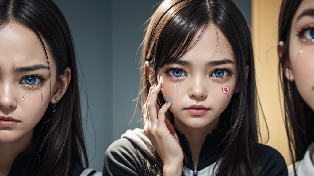Create an image of series of crying eyes symbols, surrounded by plus signs representing the desire for more.