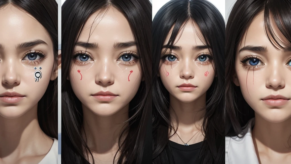 Create an image of series of crying eyes symbols, surrounded by plus signs representing the desire for more.