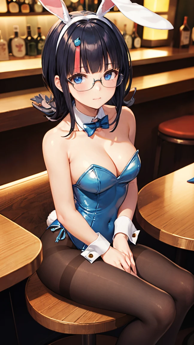 masterpiece, great quality, ultra detail, illustration, game cg, 1girl, solo, (FGOErice), collarbone, cleavage, blush, bunnygirl, bunny ears, detached collar, wrist cuffs, pantyhose, strapless leotard, in a club, in a bar, sitting, glasses