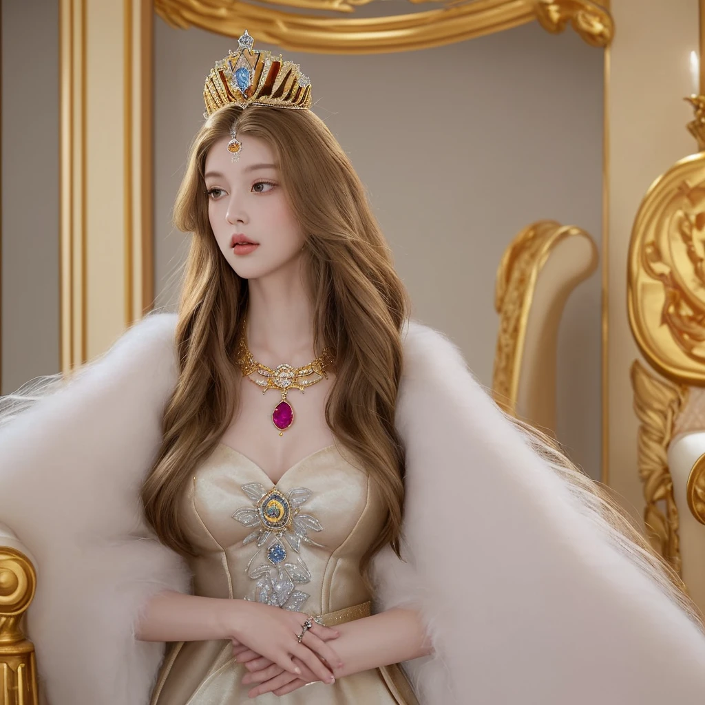 Name: Princess Elizabeth of Sonora
Appearance:
• Hair: Long, wavy, golden brown hair reaching almost to the waist. Her hair is often decorated with gold pins and tiaras with precious stones.
• Eyes: Large, almond-shaped, sapphire-colored, sparkling with wisdom and kindness.
• Skin: Light, with a slight blush that indicates her noble origin.Body: Slender and graceful, with graceful features that radiate nobility and majesty.• She wears elaborate dresses made of silk and velvet, embroidered with gold and silver thread. Her favorite colors are royal blue and magenta.
• Her dresses are often decorated with family crests and symbols of empire, emphasizing her high status.
• An important element of her wardrobe is a cape made of white fur, symbolizing the purity and majesty of the Sonoran Empire.
Accessories:
• On her head she wears a diadem of diamonds and sapphires, which she inherited from her mother.
• Around her neck hangs a ruby necklace, a family heirloom and symbol of her lineage.• Around her neck hangs a ruby necklace, a family heirloom and symbol of her lineage.
• She also wears a ring with
imperial seal on the right
hand, indicating its status
heir to the throne.
Features:
• Her demeanor is marked by great dignity and confidence. She knows how to control herself and always keeps calm even in the most difficult situations.
Elizabeth is known for her wisdom and justice, often participates in making important state decisions together with her father.
• She too
bad feeling