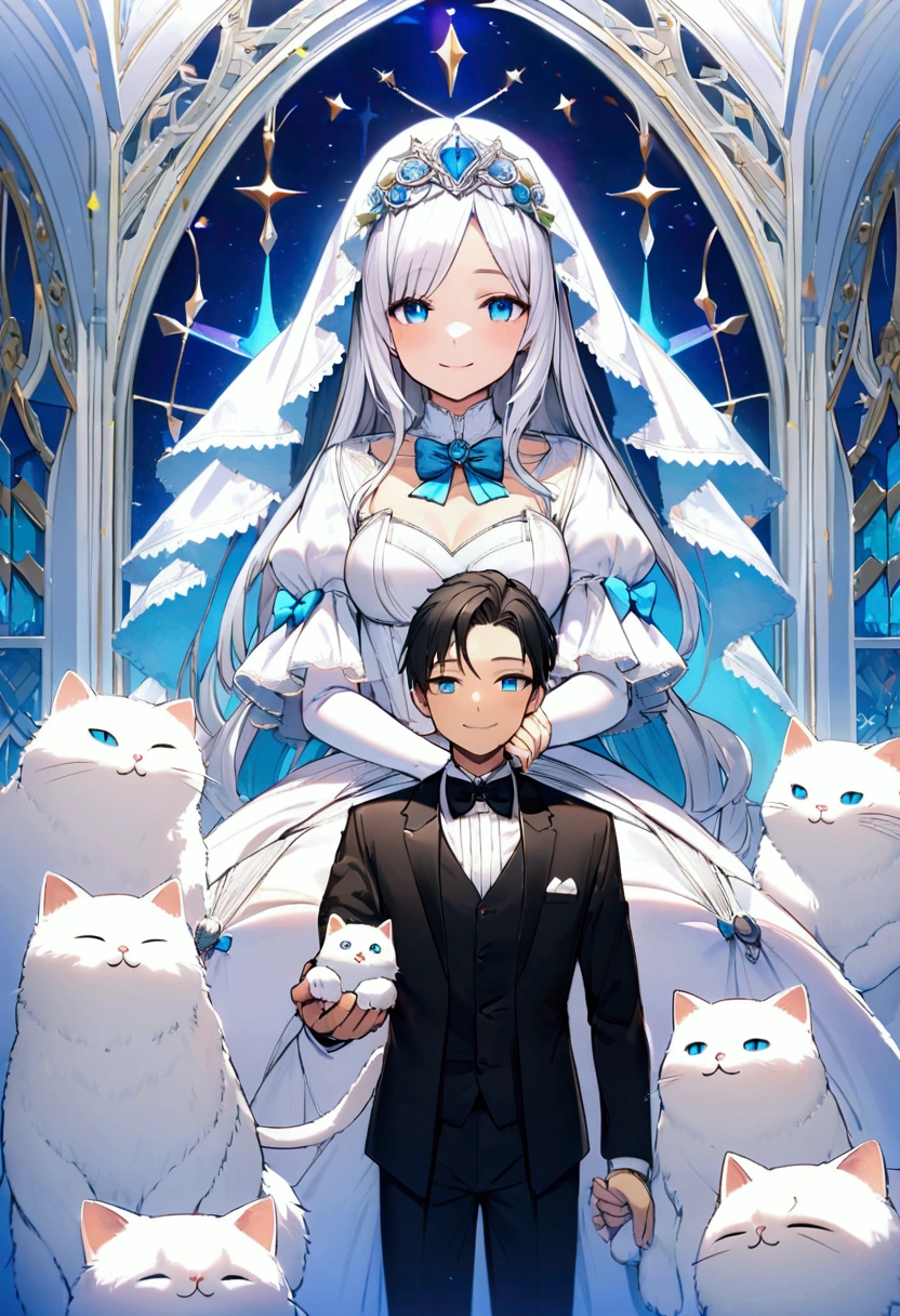 A fluffy cat with blue eyes smiles, dressed in a groom's suit, white shirt, bow tie, black suit, next to him stands a white fluffy cat on her hind legs, a white bride, head on a veil, holding the cat's hand, smiling, hd, 4k,