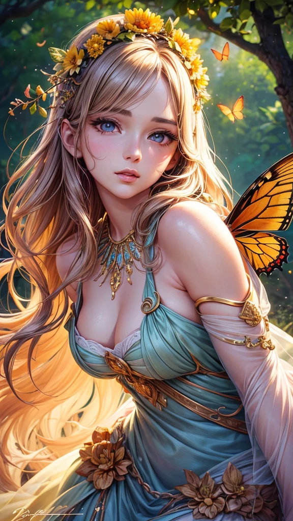 a lovely woman, fairy princess, chromatic wings, sheer dress, ornate flower themed jewelry, mythic glade, pure, innocent, sultry, mesmerizing, (best quality,4k,8k,highres,masterpiece:1.2),ultra-detailed,(realistic,photorealistic,photo-realistic:1.37),cinematic lighting, dramatic colors, fantasy art, cinematic composition, dramatic lighting, ethereal, magical realism
