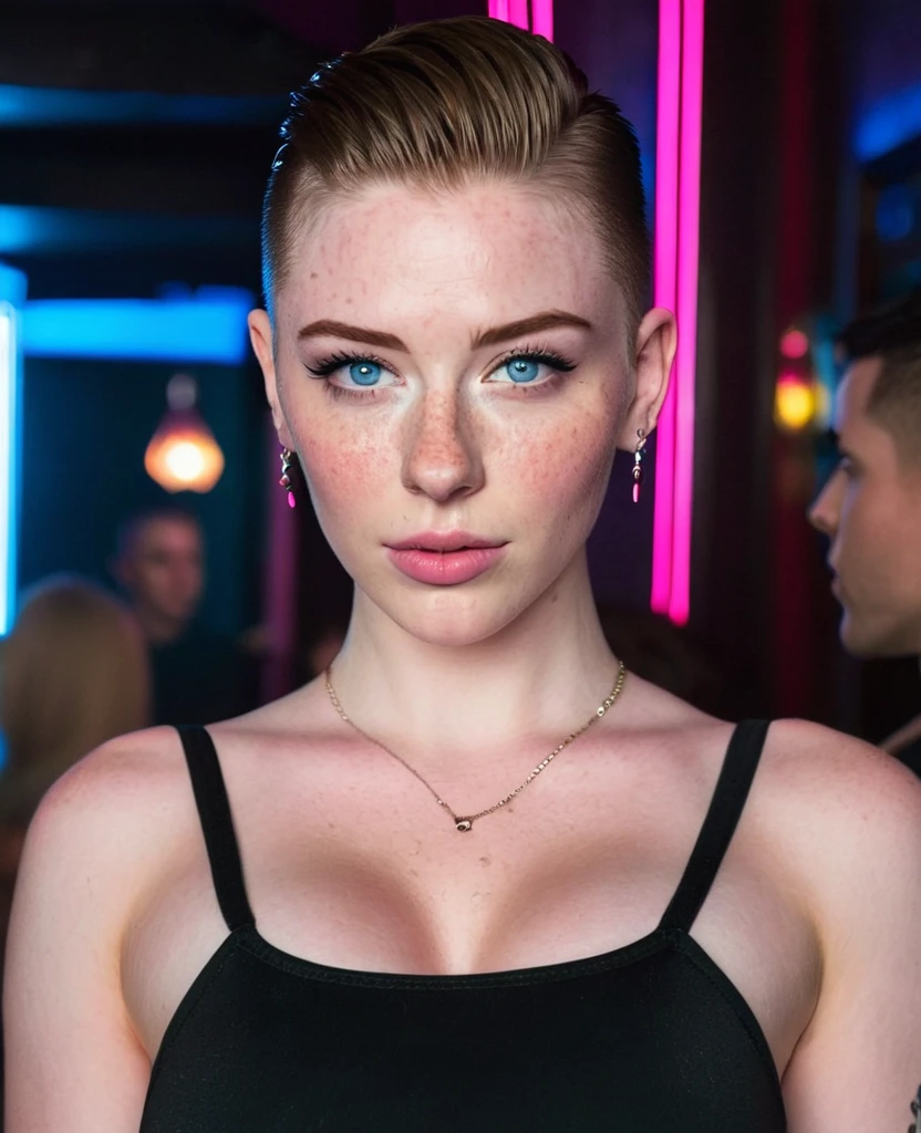 Muscular college girl with large breast and a large butt, blue eyes, pale skin, freckles and a nose piercing with a pink short slicked back men’s haircut with both sides of her head shaved wearing a tight black dress in a night club