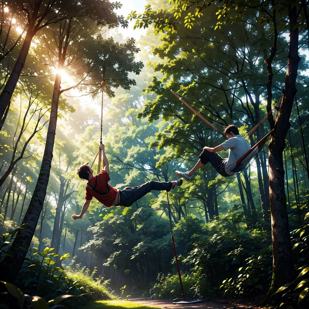 In the lush forest、A man swinging in a hammock。A scene with sunlight filtering through the trees