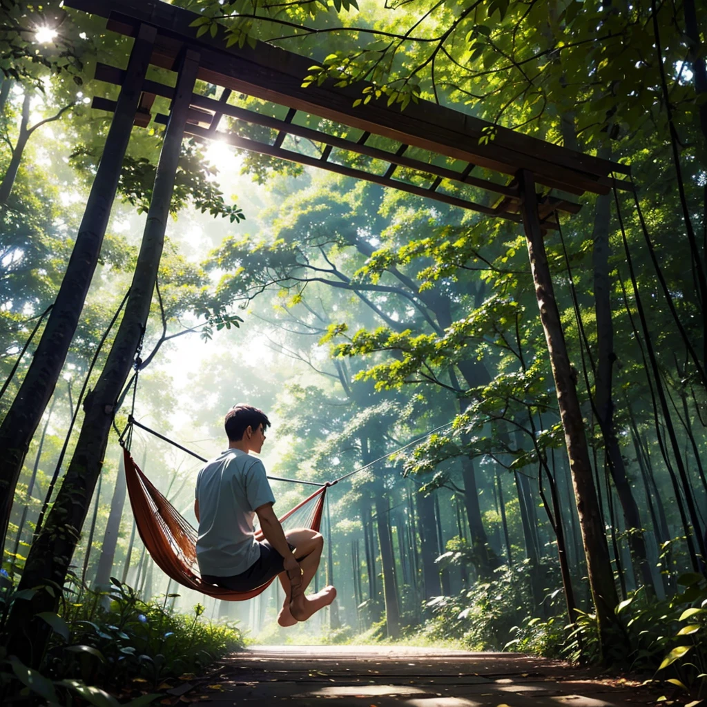 In the lush forest、A man swinging in a hammock。A scene with sunlight filtering through the trees
