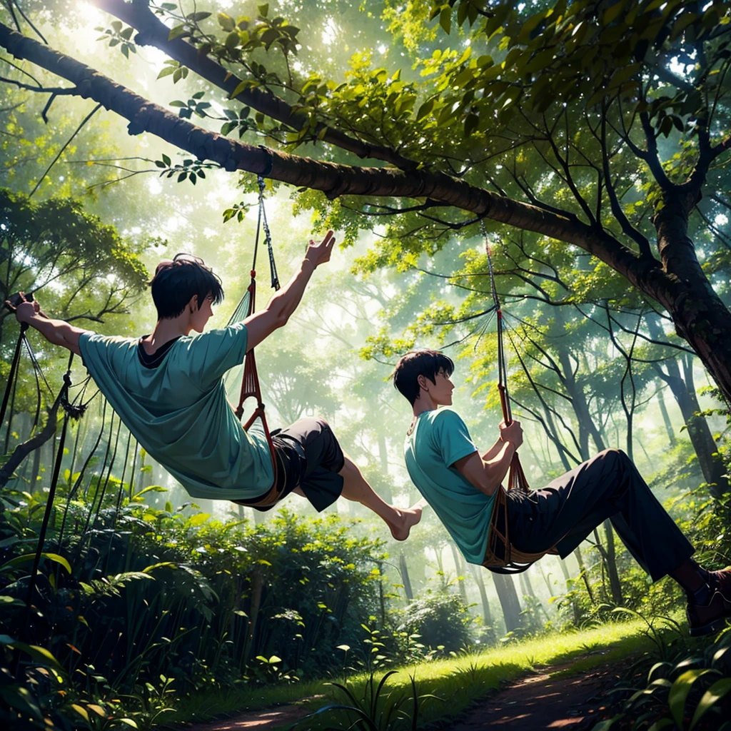 In the lush forest、A man swinging in a hammock。A scene with sunlight filtering through the trees