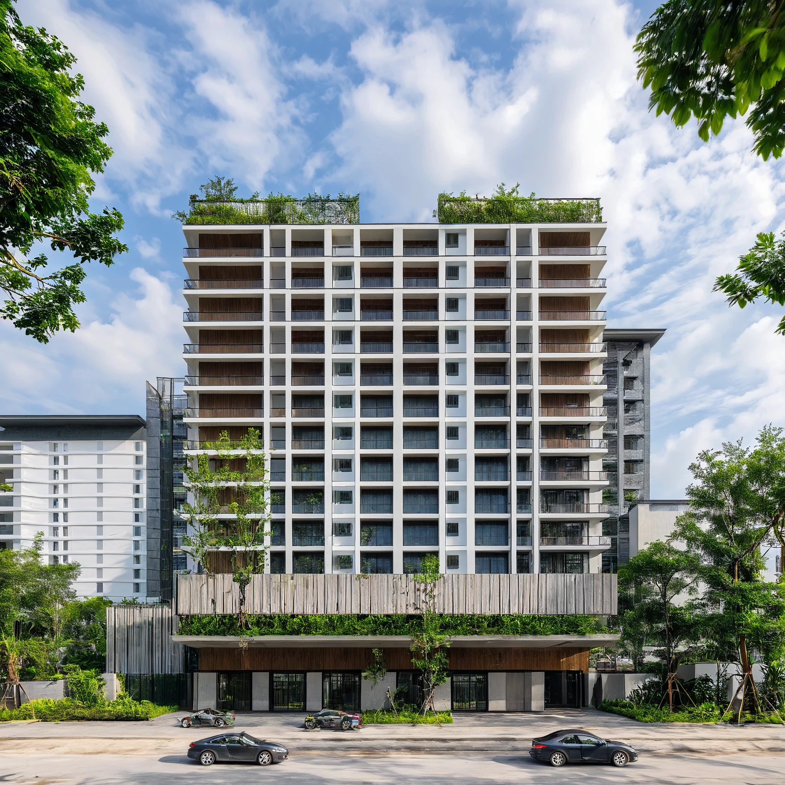 Masterpiece, high quality, best quality, authentic, super detail, outdoors, onestoreyvillaXL, aiaigroup, house style modern on the street ,stairs, white wall ,road,pavement, grass, trees, sky, cloud, (daylight:1.1)