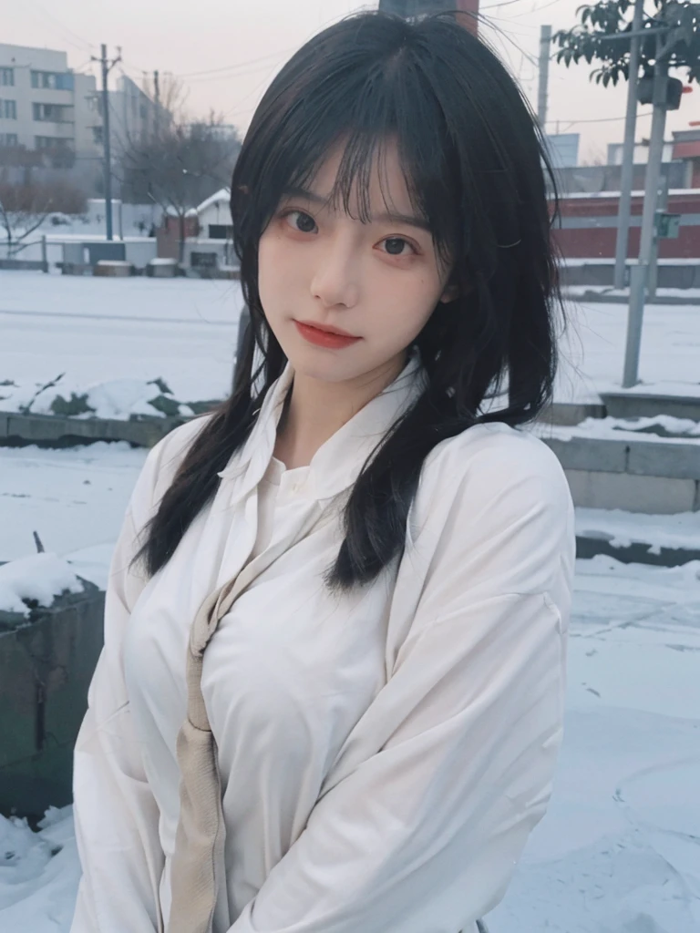 Best quality,masterpiece,Double tail,Ultra-high resolution,snow,16K,Snow background,(Photo Realism:1.4),1 Girl,JK,sexly,(shirt and tie:1.2),(Big breasts:2.3),(Upper body:1.4)