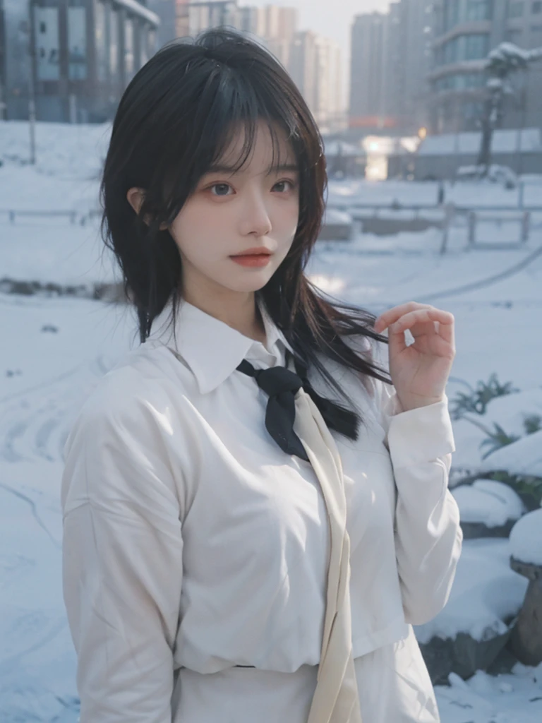 Best quality,masterpiece,Double tail,Ultra-high resolution,snow,16K,Snow background,(Photo Realism:1.4),1 Girl,JK,sexly,(shirt and tie:1.2),(Big breasts:2.3),(Upper body:1.4)