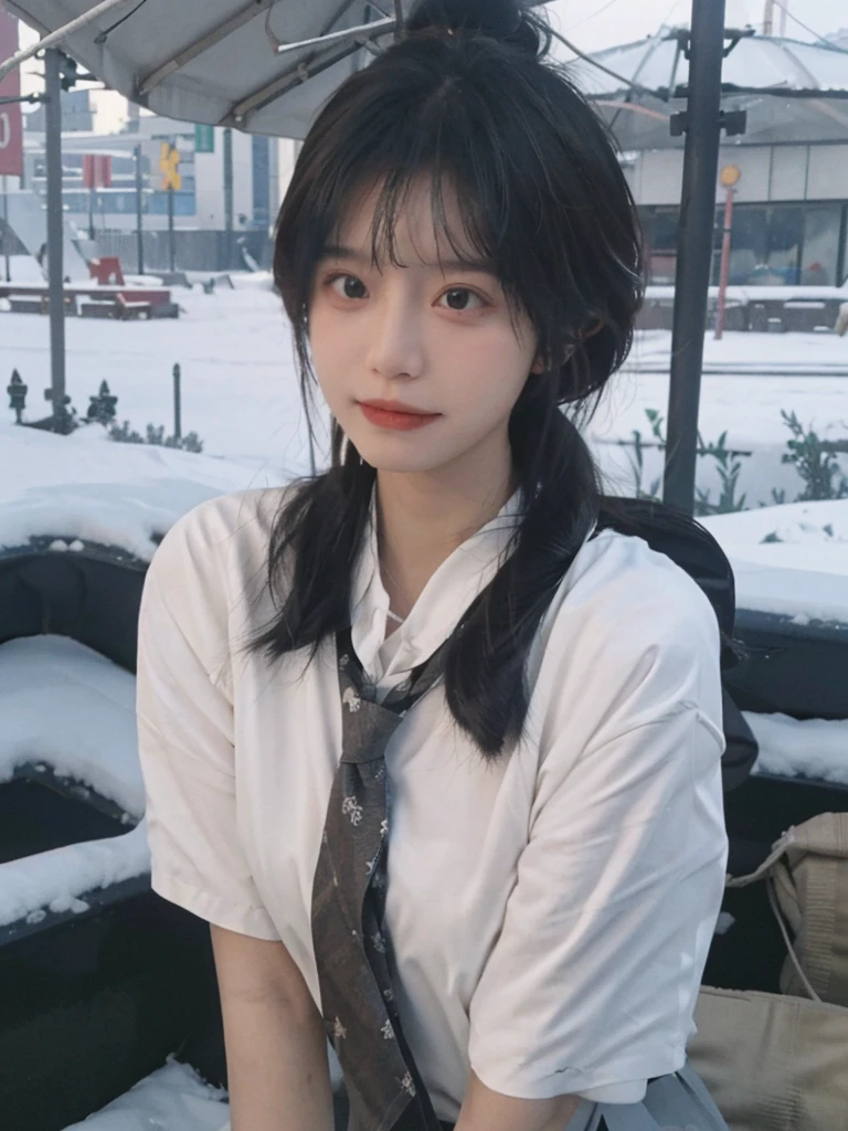 Best quality，masterpiece，Double tail，Ultra-high resolution，snow，16K,Snow background，（Photo Realism：1.4),1 Girl，JK，sexly，（shirt and tie：1.2),（Big breasts：2.3),（Upper body：1.4)