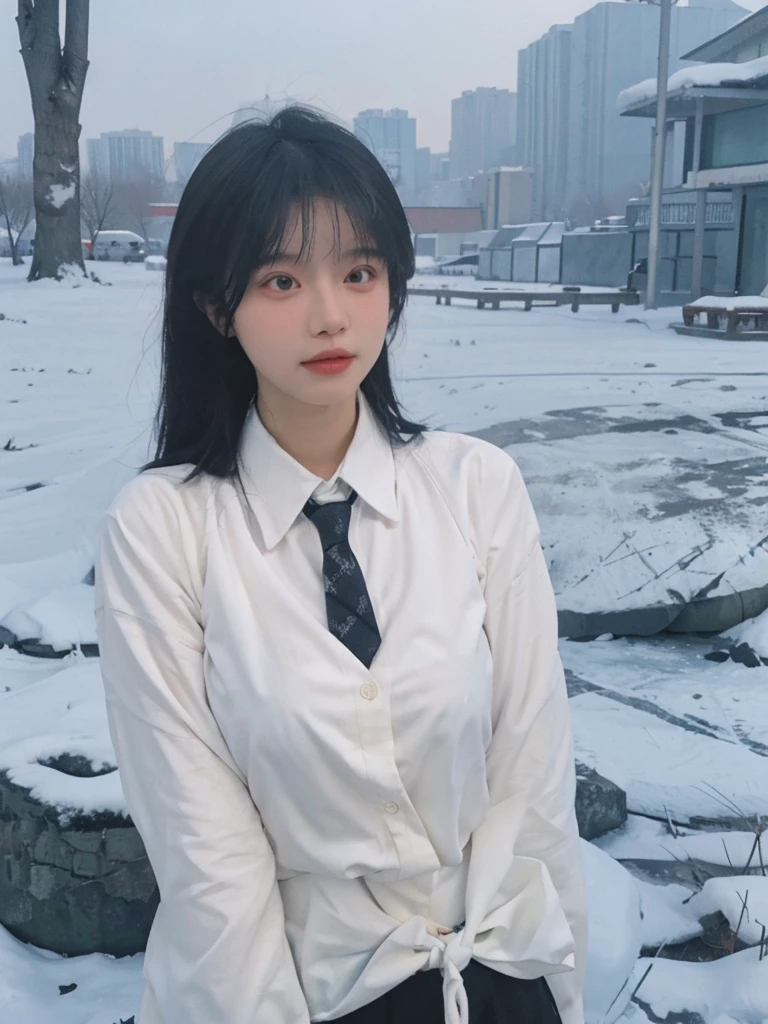 Best quality,masterpiece,Double tail,Ultra-high resolution,snow,16K,Snow background,(Photo Realism:1.4),1 Girl,JK,sexly,(shirt and tie:1.2),(Big breasts:2.3),(Upper body:1.4)