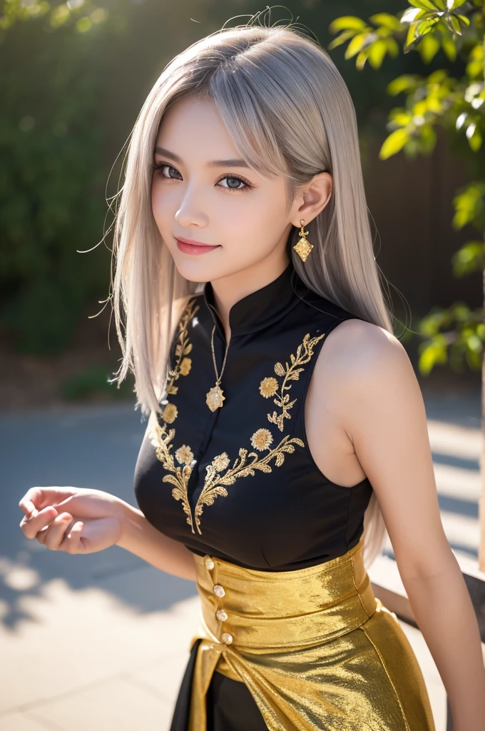 (8k,Realistic　RAW Photos　Highest quality;1.4) 1woman) 美しいSilver Hairの女神　(Lively Faces)　(Tabletop, Highest quality, Realisticです, High resolution, :1.3), closeショット, Sharp focus, 1 カールしたSilver Hairのwoman, ヨーロッパ系woman, Hot Model, abdomen, Very detailed eyes with golden pupils, Realistic skin, Slim figure, Perfect body, Very large breastsには谷間がある, Very Fine Hair, Delicate and sexy face, sensory gas, Glossy Lips, ((She wears a beautiful black and gold outfit with a black skirt and gold embroidery。.,Wear a pendant)), Outdoor, ((Realistic, 超Realistic, realism, Realistic詳細))　Beautiful expression　charm　(Realistic Skin)　超High resolution　超Realistic　Advanced Details　grassland, Flowers and beautiful mountains in the distance々々,Purple Earrings,Split Avemar Paladin,woman,超Realisticな肌,smile,close,Top View,Rich colors, Backlight, Cinema Lighting, Film Grain, 50mm lens, Nikon D850,超High resolution,Ultra-realistic,Compensate,Super sexy,Silver Hair,Very large breasts,Grace,Sexy pose,