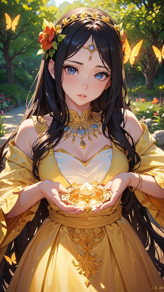 a beautiful anime girl, 1girl, detailed face, beautiful detailed eyes, beautiful detailed lips, long eyelashes, detailed facial features, gentle expression, long wavy hair, flower crown, elegant dress, beautiful detailed dress, (best quality,4k,8k,highres,masterpiece:1.2),ultra-detailed,(realistic,photorealistic,photo-realistic:1.37),detailed lighting, soft lighting, warm color palette, glowing skin, detailed background, lush garden, butterflies, fairy-tale style
