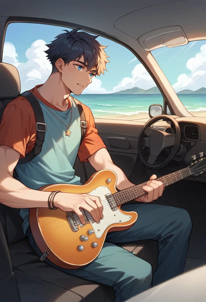Young blue-eyed Korean man sits on a car by the seaside holding a superstar guitar.
