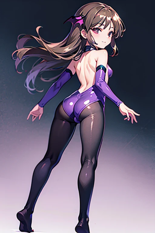 Highest quality　Highest quality　Draw a face carefully　High quality anime style faces　Super shiny skin　Black full body suit　Purple Pantyhose　barefoot　Succubus　Lure　smile　Rear View　Back view