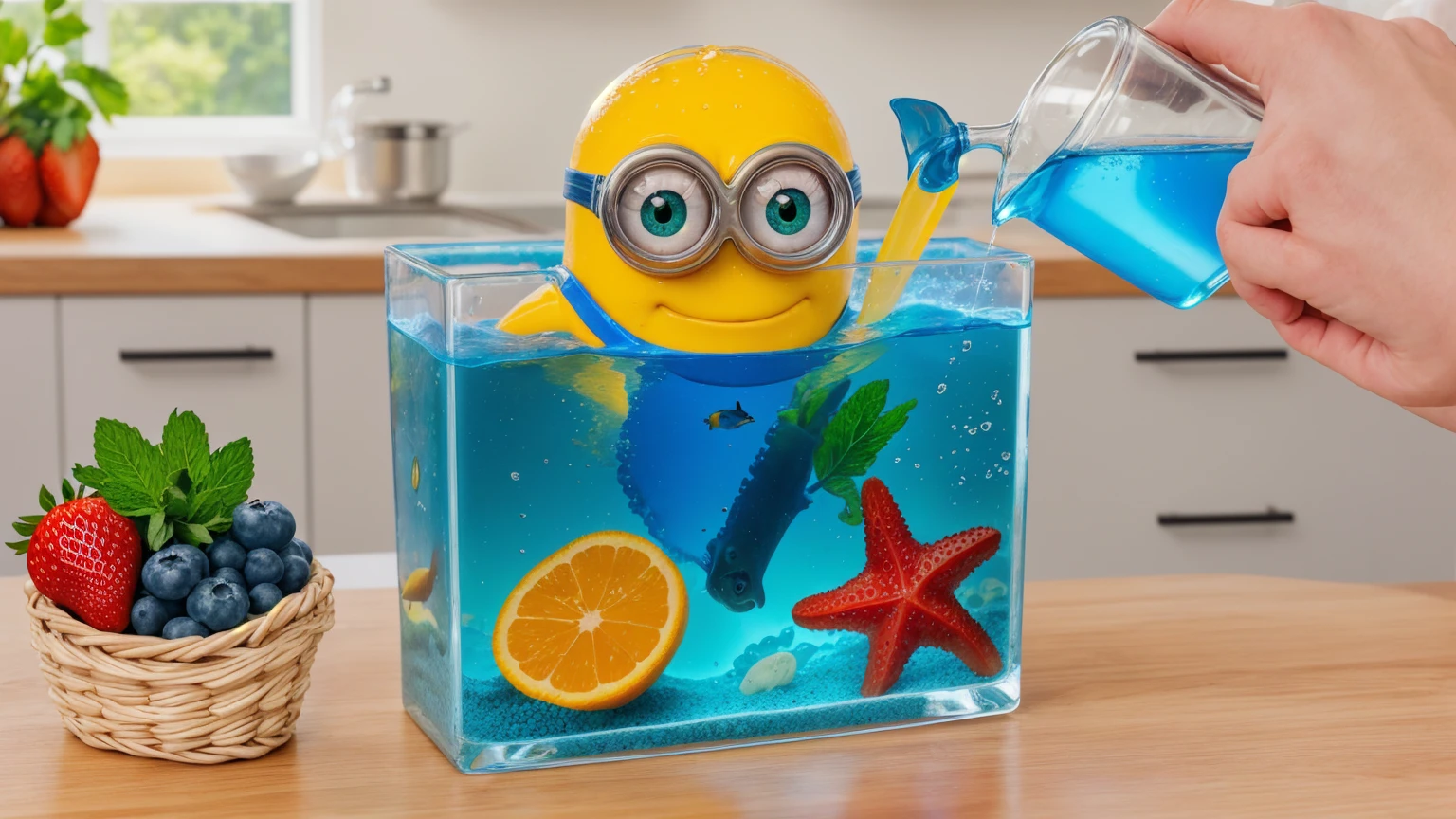 on a wooden table, there is a glass aquarium with blue water, a minion sitting in an aquarium, plastic red starfish in the aquarium, orange plastic shell and plastic green algae . water is poured from a measuring cup into an aquarium, on the table next to it there is a basket with strawberries, blueberries and mint. against the background of the kitchen .beautiful lighting, Beautiful sunlight, realistic style , realistic texture, detailed texture, a high resolution, high quality, ultra hd 4k 