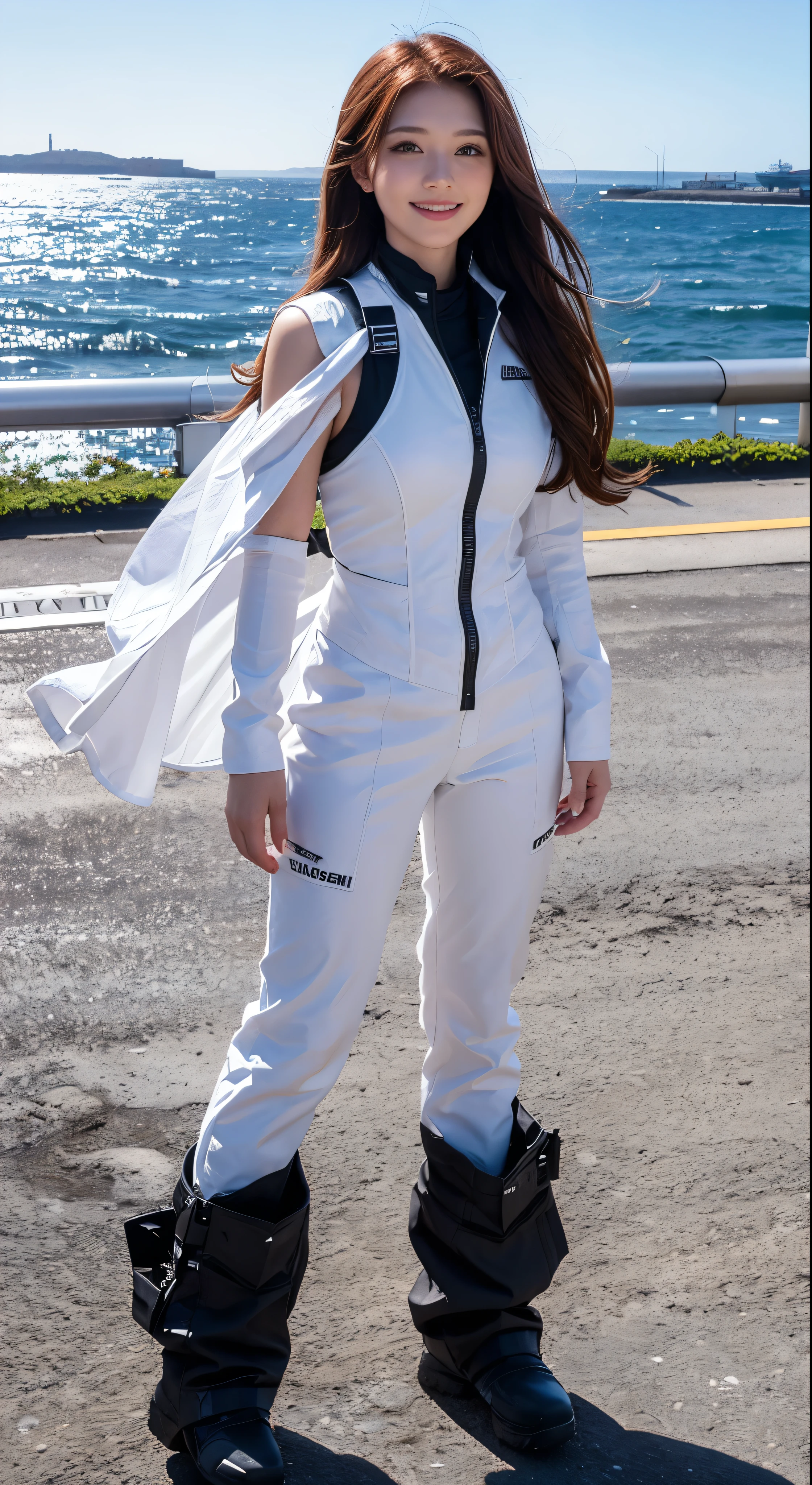 with high definition imagearie , Chestnut Hair , Black Eyes,US Marine Corps Armored Suit，White bulletproof vest, Smiling and looking at the camera Full body high quality image,With the sea view as the background to the naval base，Facial details