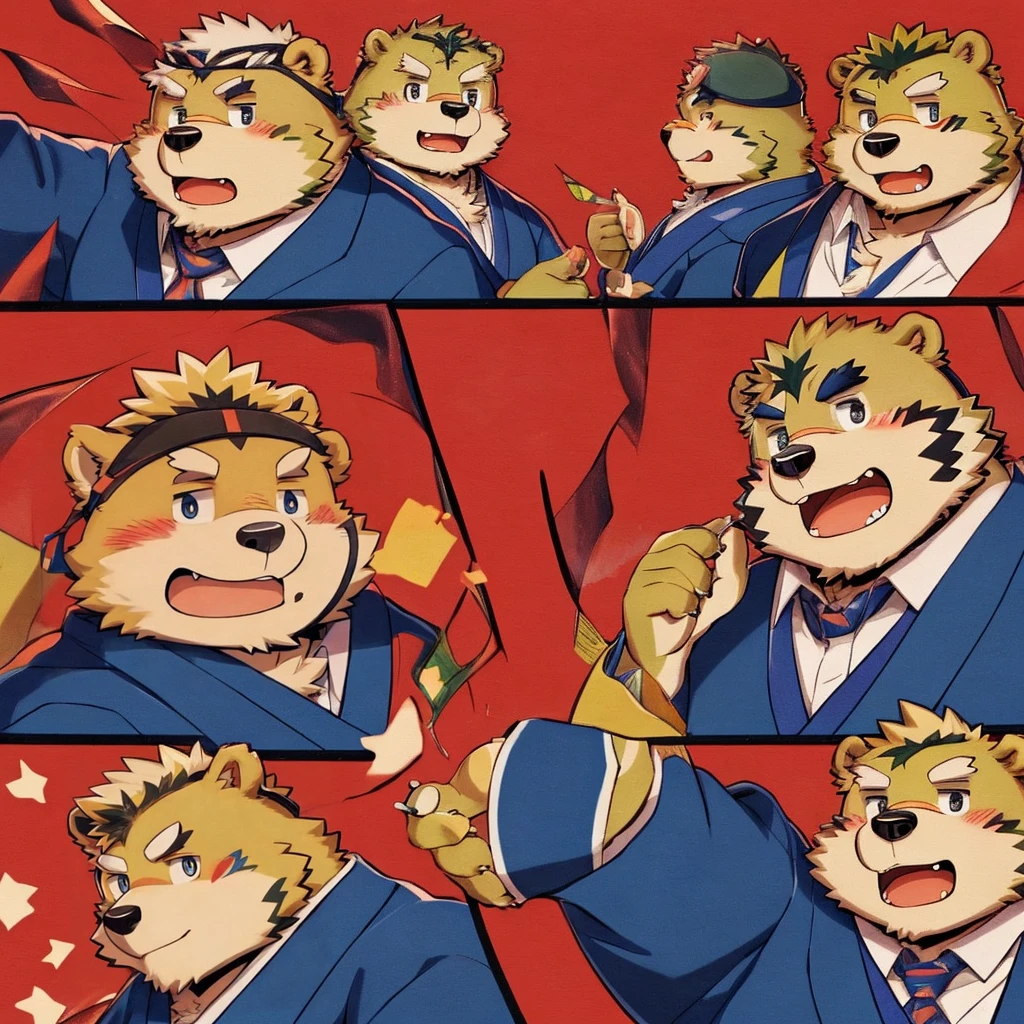 jinpei and kosutora, furry, anthro, 2boy bear and tiger, gag comics, 2boy, in the office, a anime of a boys manga, country of muslims, color manga, manga color, color manga, color manga panel, background, Comic storyboard:1.8, Comic strip, comic layouts, loving manga storyboard, story of loving couples, anime emoji themed pack, hyperHD, Japanese anime manga style, red background dark sky, 24K UHD.