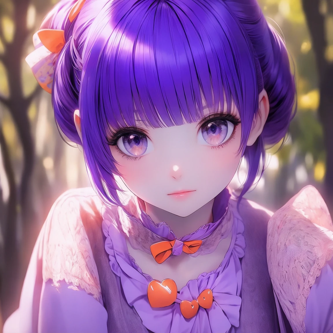 hair bow, girl, purple hair, short hair, orange eyes, mature, shy, heart