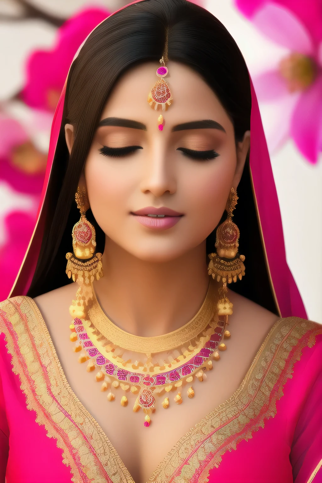 (best quality,4k,8k,highres,masterpiece:1.2),ultra-detailed,(realistic,photorealistic,photo-realistic:1.37),beautiful detailed eyes,beautiful detailed lips,extremely detailed eyes and face,longeyelashes,A seductive woman captivates in a stunning saree,silk fabric and intricate embroidery,graceful and elegant pose,floating pallu and pleated drapes,rich and vibrant colors,subtle shimmer and shine,traditional yet modern,perfectly fitted blouse,ornate jewelry and accessories,exquisite henna patterns on hands and feet,faint blush on cheeks and lips,captivating and confident gaze,luxurious and royal ambiance,soft and diffused lighting,lush garden backdrop with blooming flowers and lush greenery,delicate and subtle perfume scent in the air