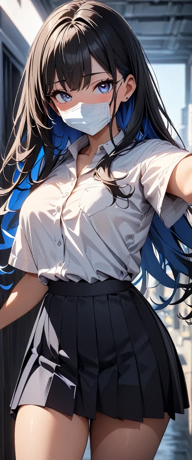 (high quality, 8k, 4K, High Contrast, masterpiece:1.2, 最high quality, Best aesthetics), 1 Female, (Real skin texture:1.3), (Film Grain:1.3), (Selfie angle, High angle), One girl, Beautiful and detailed eyes and face, 最high quality, close, cowboy shot blackhair , disposable mask Blue inner hair Whiteshirt darkBlue skirt White shirt