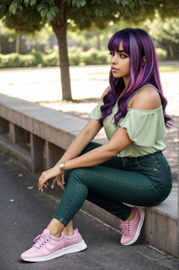 Rosa María is a Latina girl who has shoulder-length purple hair with pink highlights and bangs and black eyes. She is wearing an avocado green blouse, dark blue pants, sneakers with