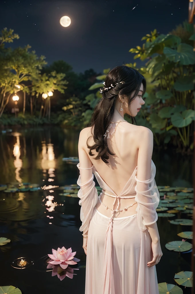 (((best quality))),(((ultra detailed))),(((masterpiece))),illustration,((1 beautiful young  girl,solo)),((slim,thin)),(shoulder length straight hair:1.2),((earrings,necklace)),((bare back,towering hips,butt crack)),(see through traditional pink sheer Hanfu dress:1.3),(beside the lotus pond full of lotus flowers:1.3), serene moonlight, ethereal,floral pattern, water movement, billowing fabric, tranquil, moon reflection, petals, fireflies, magical, light,warm light, dreams, invitation, standing, gazing, reflection, inner thoughts, emotional, sweet scent, natural beauty, solitude, hypnotic lull, eternal summer, (night scene:1.3), natural world, human spirit, celebration, backdrop, water, glow,((from back)),(upper body:1.3)