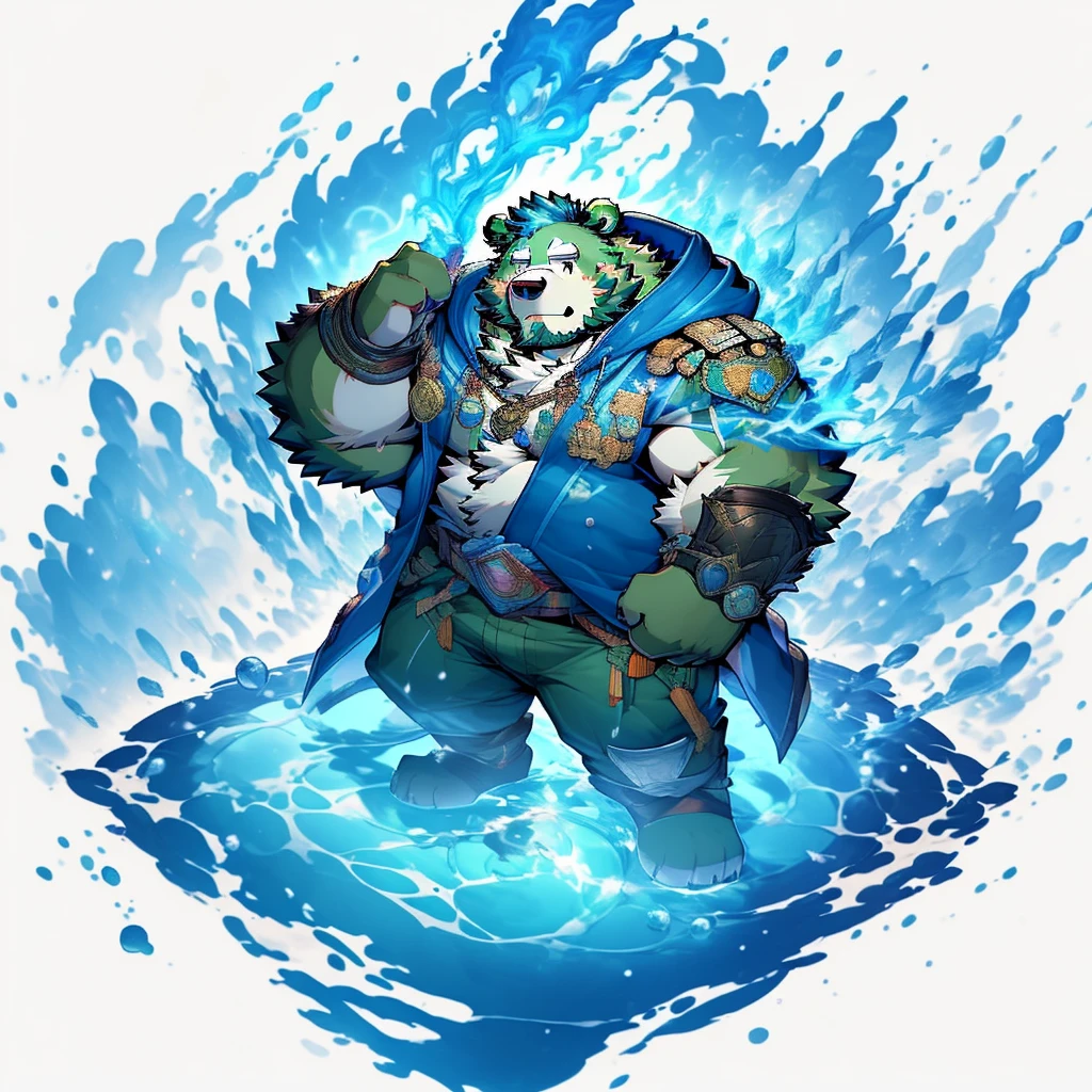 masterpiece, furry male, furry bear, green bear, ((long white coat)), ((hoodie)), ((black inner protective suit)), gray pants, ((military shoes)), daddy, mature, beard, tall, gacha splash art, splash art, more_details:1.5, magic, destruction, floating rocks and earth, spells, flame, thunder, water, add_detail:1, rainbow color magic, elemental wizard, fantasy , attacking, (((white background))),jinpei, splash art, full body, Genshin Impact ,(white background:1.5), detailed background, use a magic staff made from metal